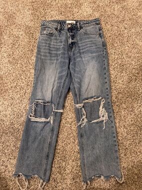 VERVET High-Rise Distressed Straight Leg Jeans - Light Blue